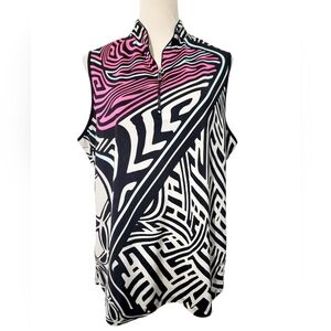 Jamie Sadock Sleeveless Zip Neck Top Size XL Abstract Print Stretch Golf Tank
